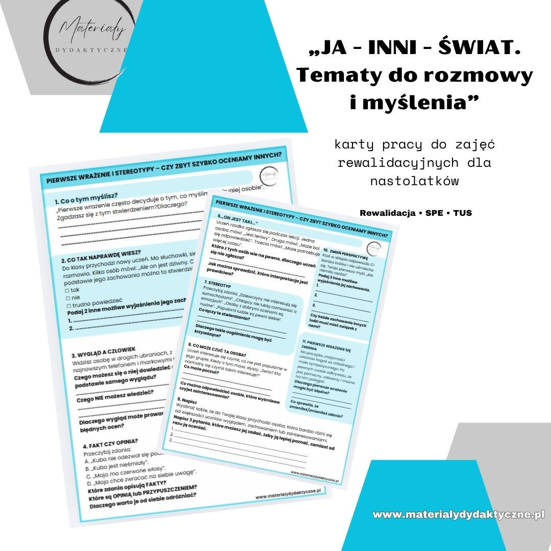 „JA – INNI – ŚWIAT. Tematy do rozmowy i myślenia”-karty pracy rewalidacja dla nastolatków materialydydaktyczne.pl